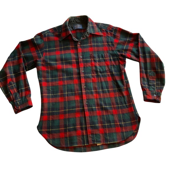 Pendleton Plaid Button Down Shirt Mens L Red Green Vintage 100% Virgin Wool USA